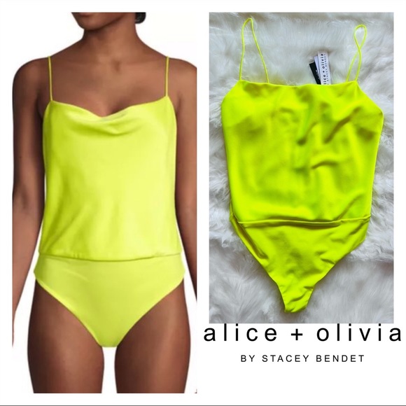 Alice + Olivia Tops - New! ALICE + OLIVIA Harmon Draped Neon Yellow Bodysuit